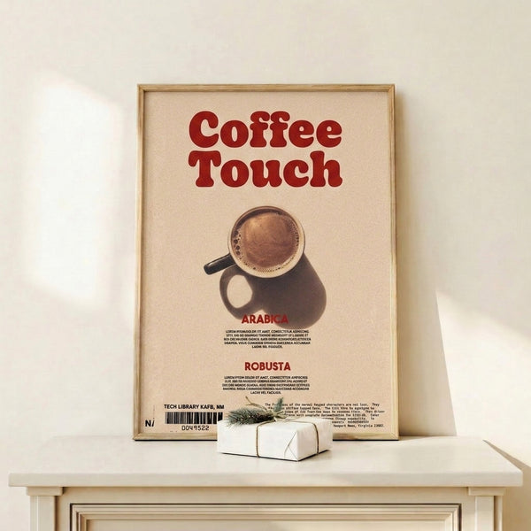 Vintage-inspired coffee poster with bold brown and red cup silhouette on neutral background, warm aesthetic for home.