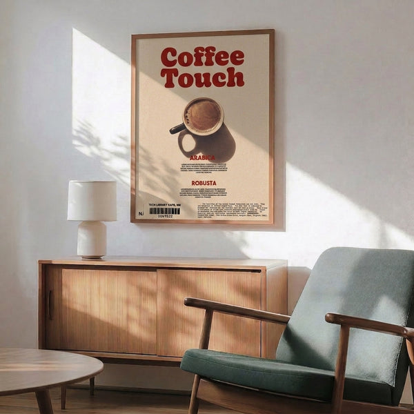 Warm minimalist poster celebrating coffee culture with vintage-styled cup graphic in cream, brown, and deep red tones.