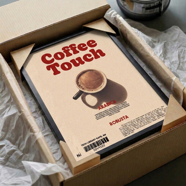Contemplative retro kitchen wall art showcasing coffee cup in warm earth tones, vintage aesthetic with cream and dark red accents.