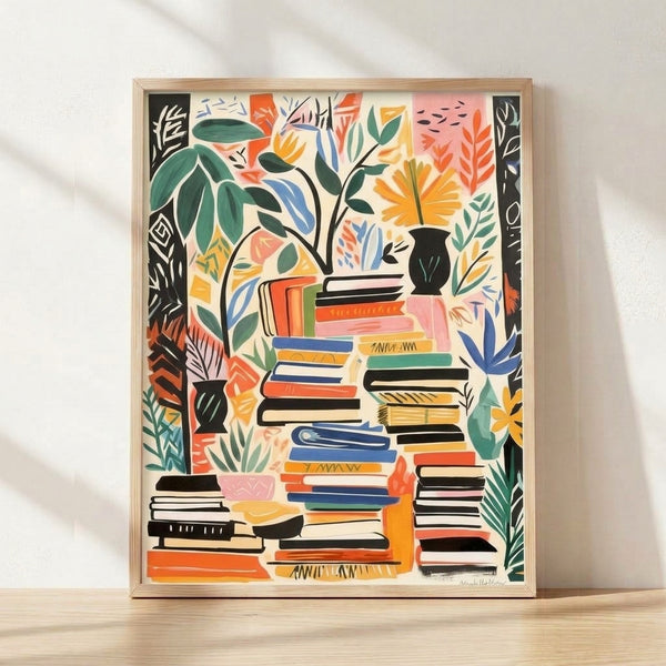 Framed poster featuring stacked books with potted plants and blooming flowers in cream, orange, teal, and navy blue, rendered in a modern minimalist boho style.