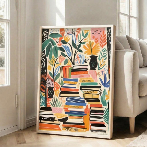 Colorful botanical art print showing books arranged with vibrant vases of plants and leaves in warm and cool tones, inspired by japandi design aesthetics.