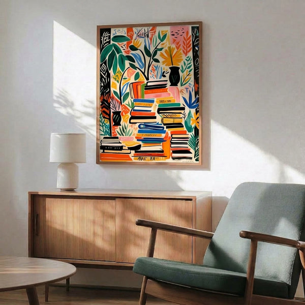 Inspiring wall art displaying an artistic arrangement of books, flowering plants, and botanical elements in cream, yellow, teal, and blue hues with a cozy boho sensibility.