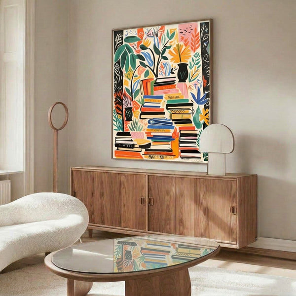 Modern poster art combining stacked literature with blooming florals and leafy plants in a vibrant palette, creating a creative and uplifting home decor piece.