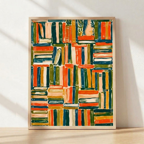 Minimalist line art poster of an organized bookshelf with stacked books in rust orange, navy, forest green, and mustard yellow tones, a potted plant nestled among the shelves, and cream background creating a calm, literary aesthetic.