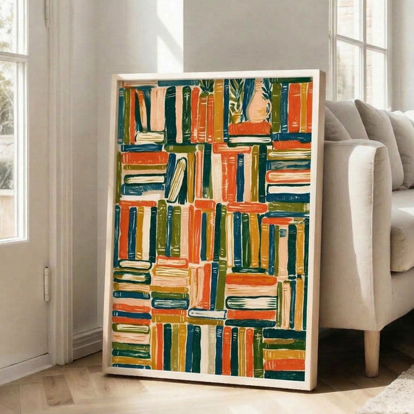 Modern japandi-inspired wall art print featuring a stylized bookshelf with carefully arranged volumes in warm and cool earth tones, accented by a small plant, rendered in clean minimalist line work.