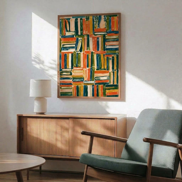 Framed contemporary poster displaying a zen-inspired bookshelf design with books in rust, navy, green, and yellow hues, a decorative plant detail, and serene minimalist linework on a cream ground.