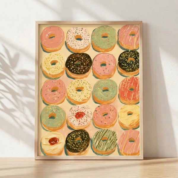 Pop art grid of painted donuts in coral pink, sage green, chocolate brown, and golden yellow on a cream background, framed poster with playful retro aesthetic.