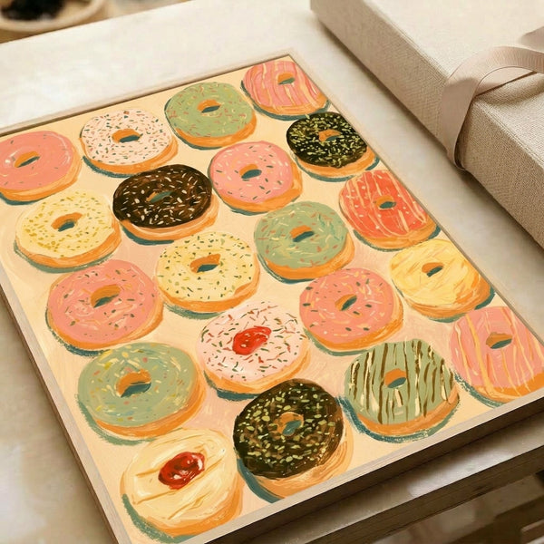 Colorful framed poster displaying a grid of stylized donuts in pop art style, blending cream, pink, green, brown, and yellow hues with playful charm.