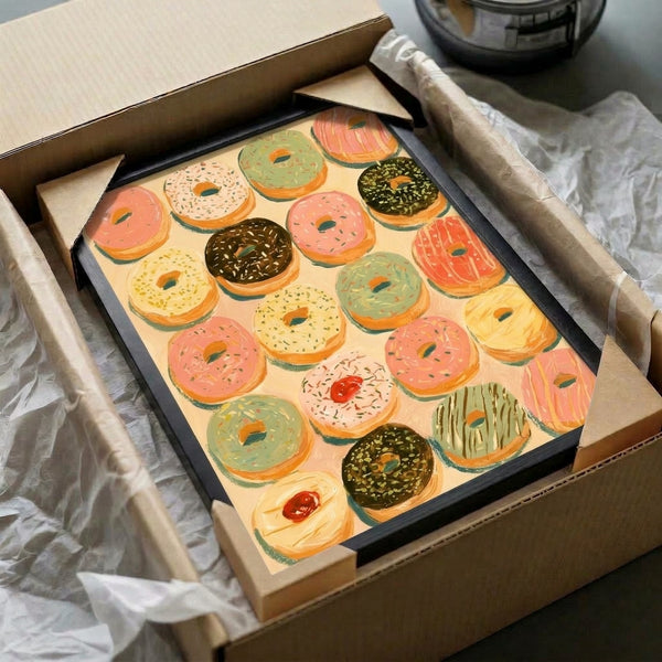 Bright contemporary donuts art print arranged in grid formation with retro pop art flair, featuring appetizing pastry designs in cream, coral, sage, and golden tones.