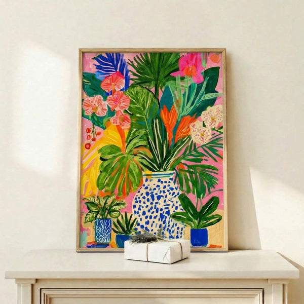 Cheerful eclectic floral composition featuring layered petals and lush leaves in pink, orange, blue, and green tones, framed boho poster art.