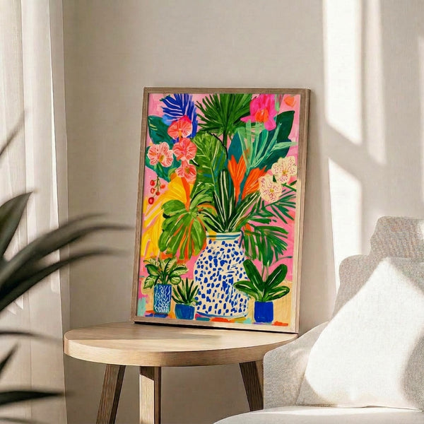 Colorful tropical bouquet with blooming flowers and botanical elements rendered in a modern boho aesthetic using warm and cool tones, wall-mounted art print.