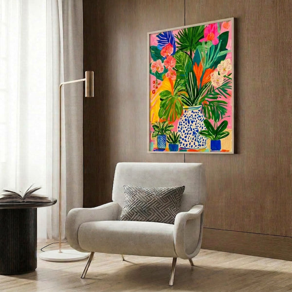 Vibrant botanical arrangement of exotic flowers and leafy stems in a blue vase, capturing an energetic boho garden mood with pink, orange, yellow, and green hues.