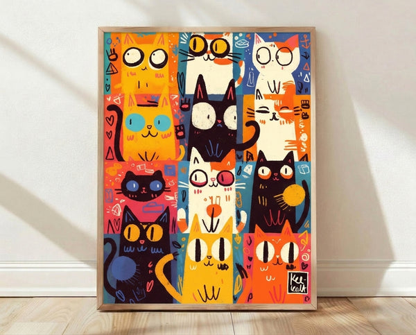 Whimsical cat grid poster featuring playful feline portraits in folk art and pop art style with celestial moons and abstract symbols in vibrant orange, yellow, navy, teal, and red tones.