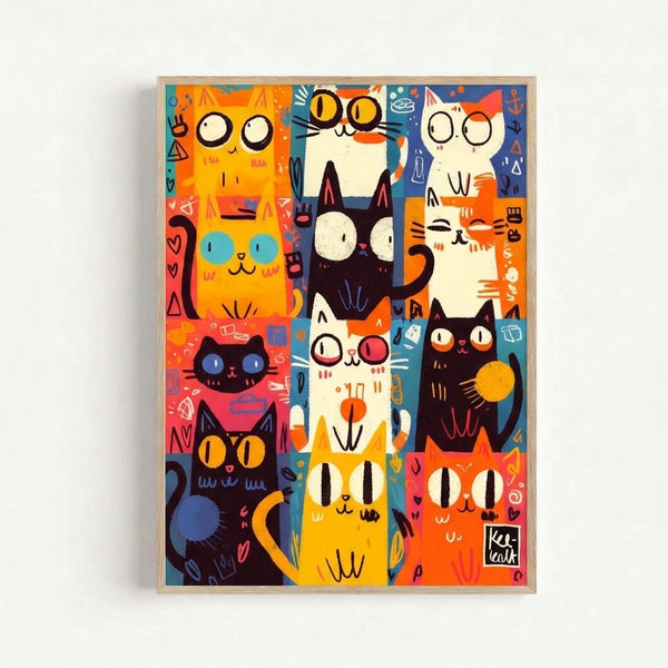 Y2K-inspired cat art print displaying a charming grid of quirky cat faces with moon and celestial motifs in bold, playful colors on a framed wall poster.
