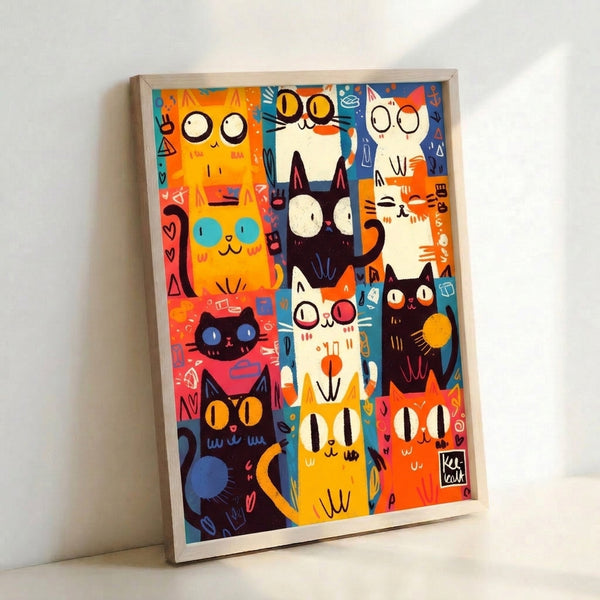 Pop art style cat poster with whimsical feline illustrations, abstract symbols, and lunar elements in a vibrant palette of orange, yellow, navy blue, and teal.