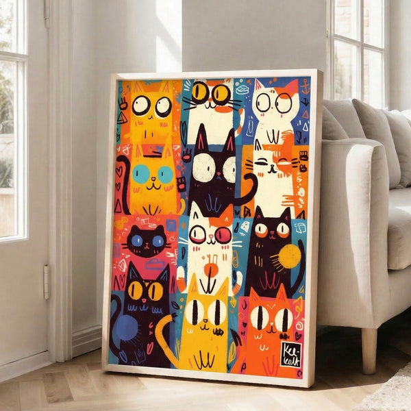 Folk art cat grid print featuring playful, charming cat portraits accented with celestial moons and abstract designs in bold red, orange, yellow, and teal hues.