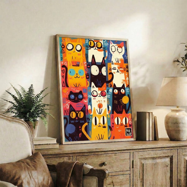 Vibrant Y2K cat wall art poster showcasing whimsical grid-arranged feline faces with moon and cosmic motifs in eye-catching orange, yellow, navy, and red tones.