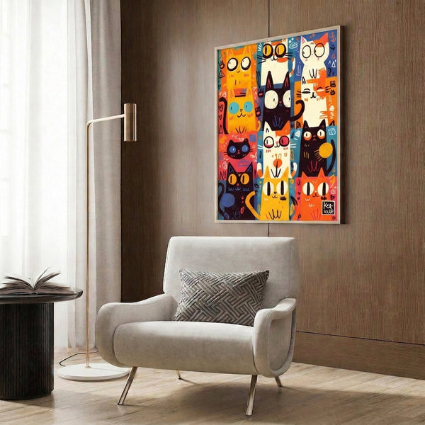 Playful cat portrait grid poster combining folk and pop art styles with celestial moon symbols and abstract elements in a cheerful palette of orange, teal, yellow, and navy.