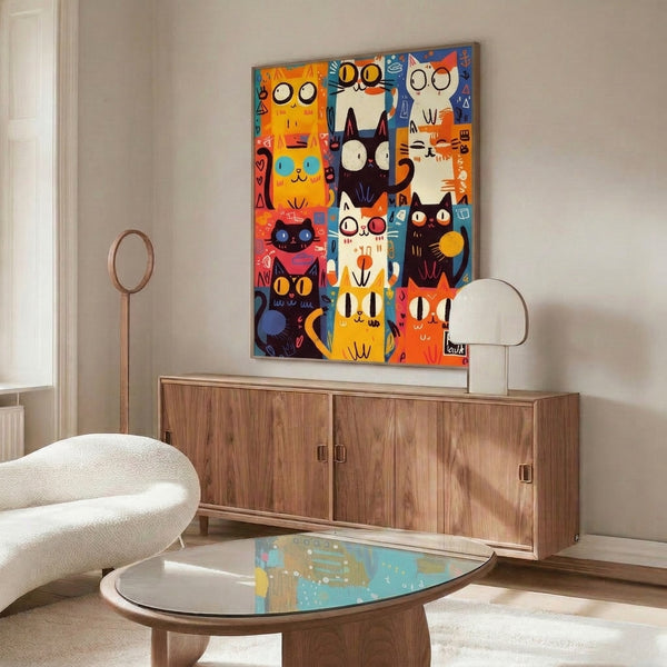 Charming whimsical cat print featuring a grid of quirky feline faces adorned with moons and abstract celestial motifs in vibrant Y2K-inspired colors.