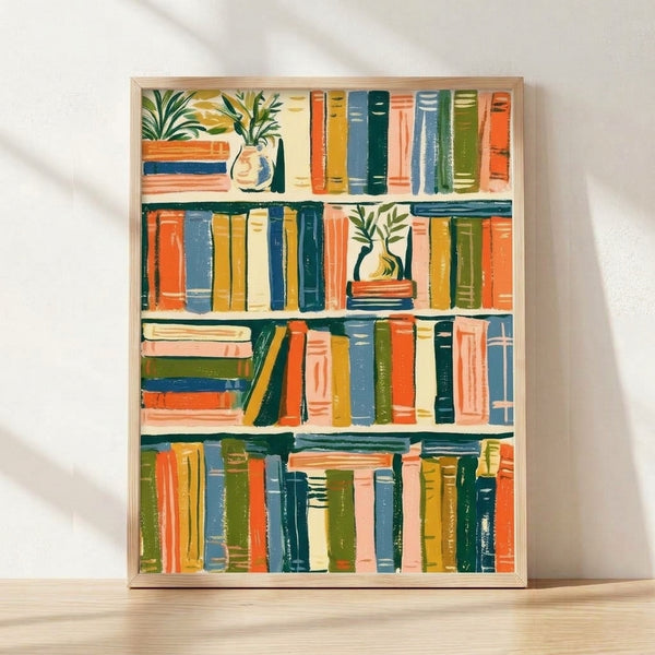 Framed modern minimalist line art poster of a colorful bookshelf filled with books and potted plants in orange, teal, mustard, and forest green tones on a cream background.