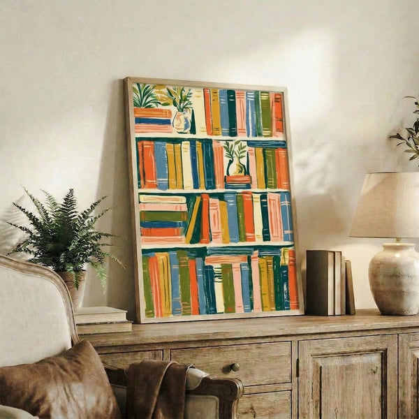 Minimalist library wall art print featuring stylized books and plants on shelving, rendered in warm and cool tones including orange, mustard, and teal with a cozy intellectual aesthetic.