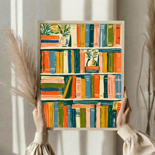 Contemporary line-drawn bookshelf poster with vibrant accents in orange, forest green, and teal, depicting organized books and botanical elements in a cheerful minimalist style.