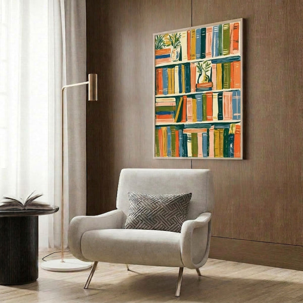 Modern framed art print showing a single-line illustrated bookshelf with potted plants and volumes in a palette of cream, teal, mustard, orange, and forest green for a calm, bookish ambiance.