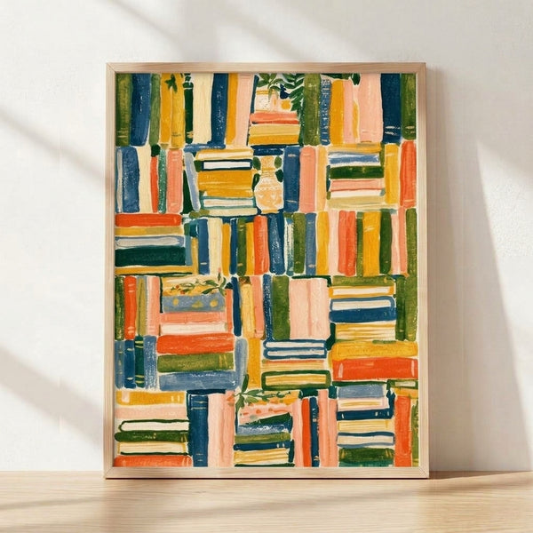 Abstract gouache painting of a colorful bookshelf with stacked books in navy, coral, golden yellow, and forest green, accented with a potted plant and ceramic vase, framed on a wall.