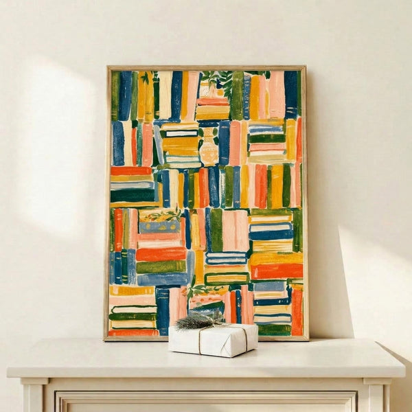 Minimalist bookshelf art print featuring cheerful gouache-painted books in warm and cool tones, a green plant, and decorative vase against a cream background.