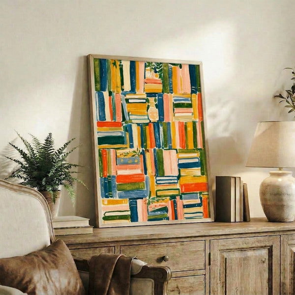 Cozy literary wall art in modern minimalist style showing an organized bookshelf with coral, navy, and golden books, complemented by botanical and ceramic elements in gouache.