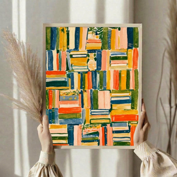 Cheerful abstract bookshelf poster rendered in gouache with a palette of navy, coral, yellow, and green, depicting stacked volumes, a potted plant, and decorative vase in a wabi-sabi aesthetic.