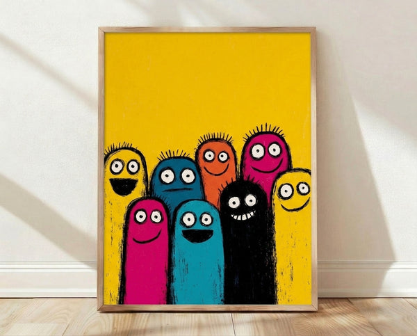 Vibrant pop art poster featuring a playful monster family in bold yellow, magenta, teal, and orange against a black background, displayed as a framed print on a wall.
