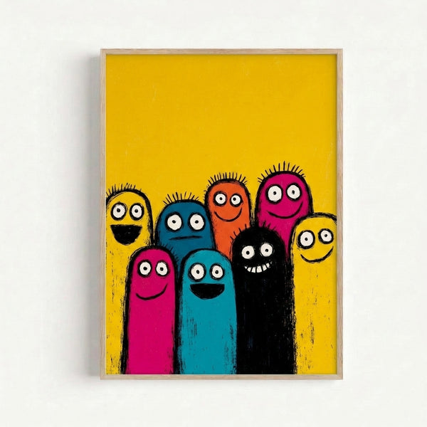 Cheerful retro-style artwork with quirky creature characters rendered in bright pop art colors including magenta, teal, and yellow, framed and hanging as wall art.