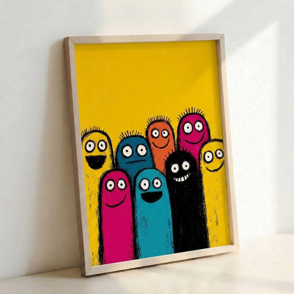 Funky modern pop art print showing colorful monster characters in a lively composition with striking yellow, orange, magenta, and teal tones on black.