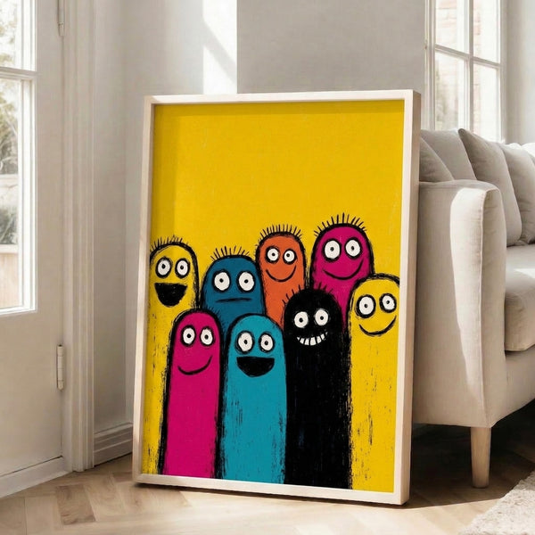 Playful creature-themed pop art poster in vibrant retro style, featuring a whimsical monster family rendered in bold primary and neon colors.