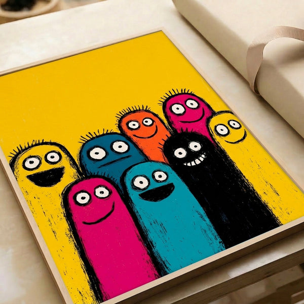 Quirky monster family pop art print in retro modern style, bursting with playful energy in a dynamic color palette of neon yellows, teals, magentas, and oranges.