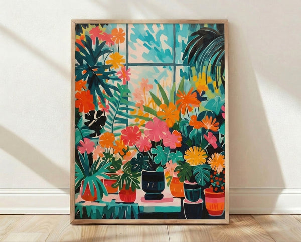 Vibrant boho botanical poster featuring potted plants and flowering vines in teal, coral, and lime green framed on a wall.