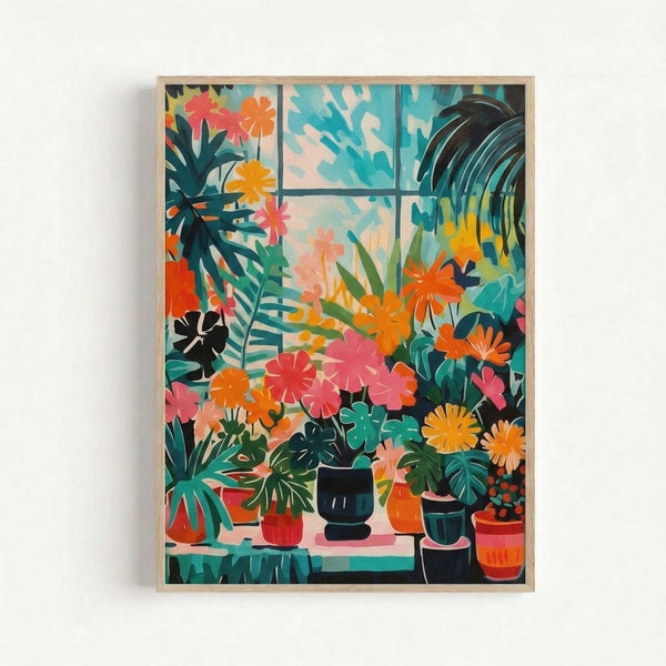 Modern plant illustration with cheerful window garden in warm coral, pink, and teal tones displayed as framed wall art.
