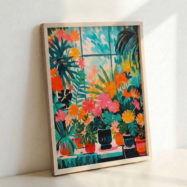 Colorful boho flowers and foliage composition with potted plants in orange, pink, and green hues on a framed poster.