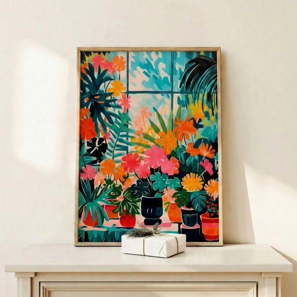 Contemporary botanical wall print showcasing lush plants and blooms in vibrant teal, coral, and citrus tones.