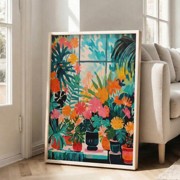 Cheerful domestic garden poster with climbing vines, flowering plants, and leafy pots in warm and cool color palette.