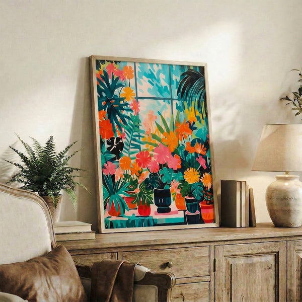 Modern boho-style floral artwork featuring potted window plants in lime green, coral pink, and teal hung as framed decor.