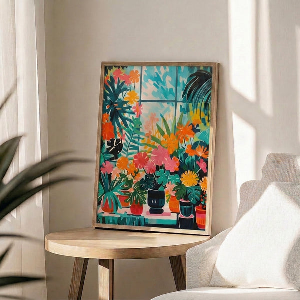 Vibrant botanical composition with climbing vines and colorful planters in orange, pink, and teal on a framed art print.