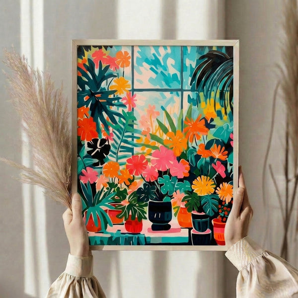 Contemporary plant-themed poster in boho style with flowers and foliage in warm coral and cool teal displayed framed.
