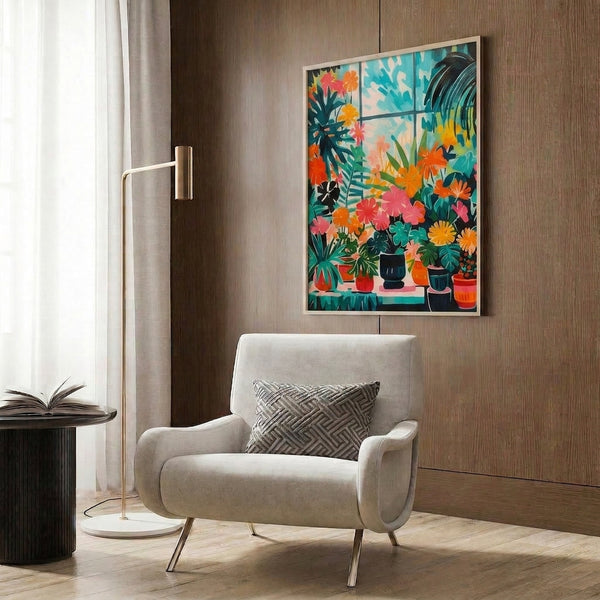 Modern boho wall art featuring cheerful indoor plants with vines and flowers in vibrant teal, coral, and lime palette.