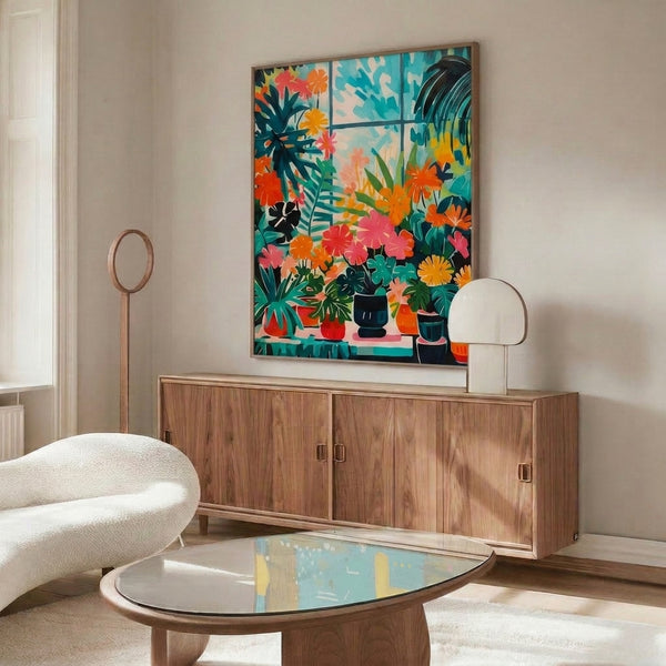 Vibrant floral and plant poster with domestic window garden aesthetic in warm orange, pink, and cool teal tones.