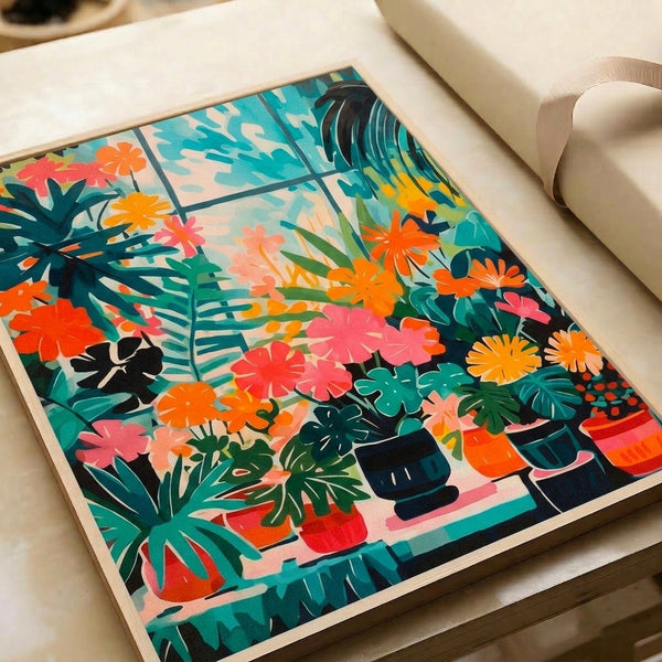 Contemporary botanical wall print showcasing colorful potted plants and climbing flowers in boho style and warm-cool colors.