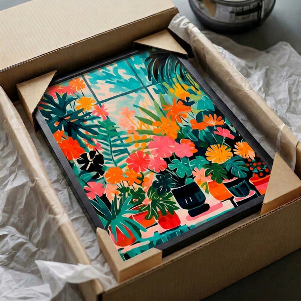 Cheerful boho-modern poster of window plants with blooming flowers and leafy vines in vibrant coral, teal, and green.
