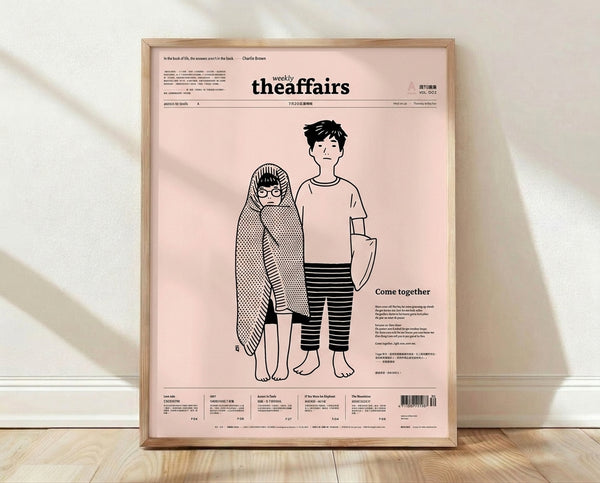 Minimalist line art print featuring two figures in black lines on a blush pink and cream background, evoking an intimate and contemplative mood.