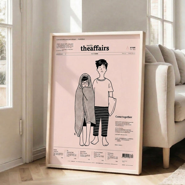 Framed minimalist artwork displaying two figures rendered in simple black lines on a warm blush pink base, with a calm, introspective feel.